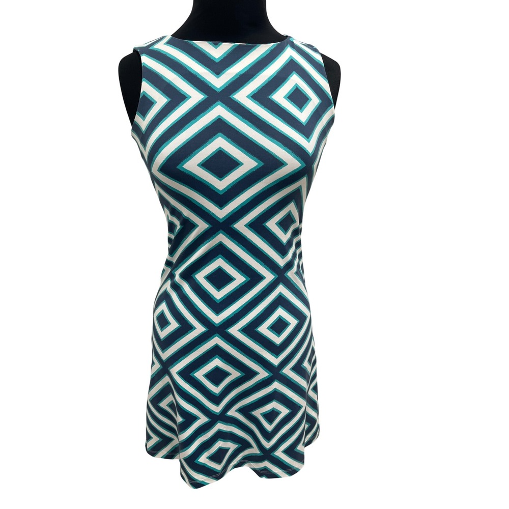 Mahi Gold Womens XS Teal Navy Geometric Diamond Print Sleeveless Sheath Dress